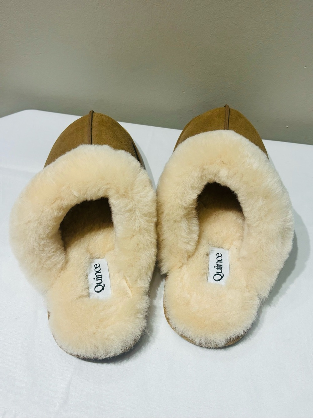 Quince Women's Slip-On Shearling Slippers in Tan and Cream